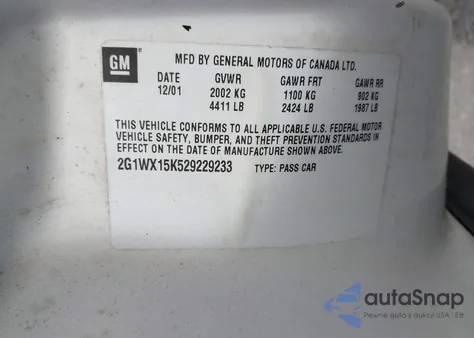 2002 Chevrolet Monte Carlo Ss from USA, damaged, VIN 2G1WX15K529229233